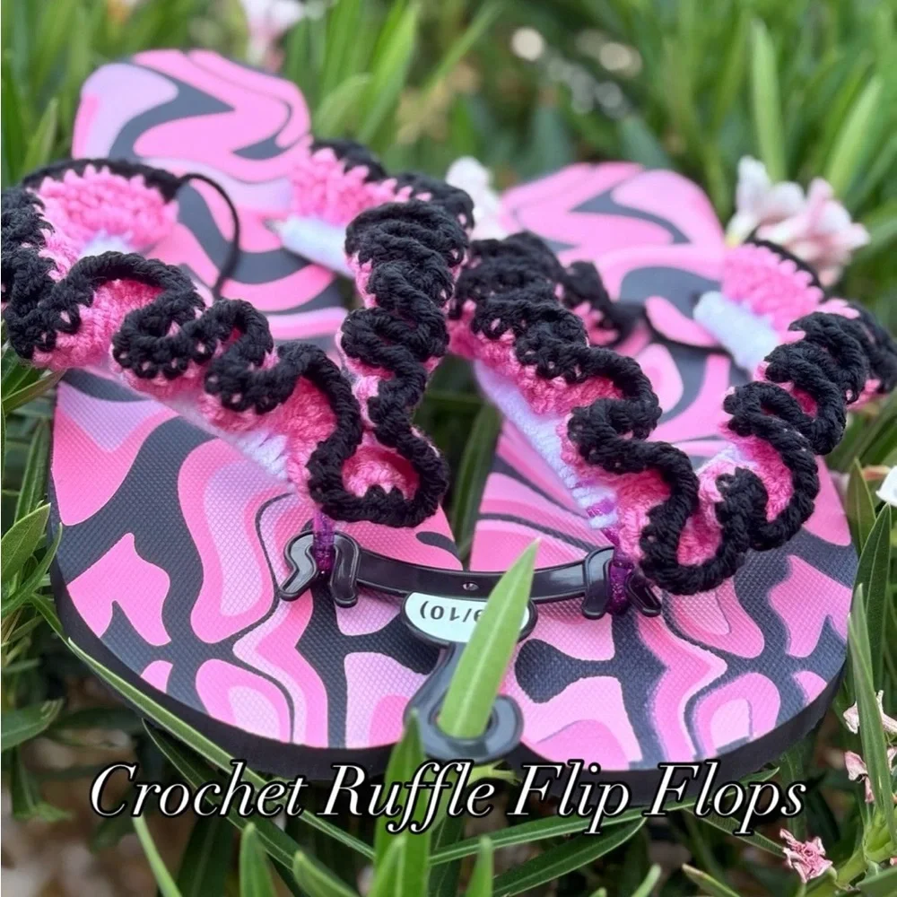 Vibrant Pink and Black Crochet Wavy Brim Hat | Flip Flops with Ruffles - Picture 8 of 12